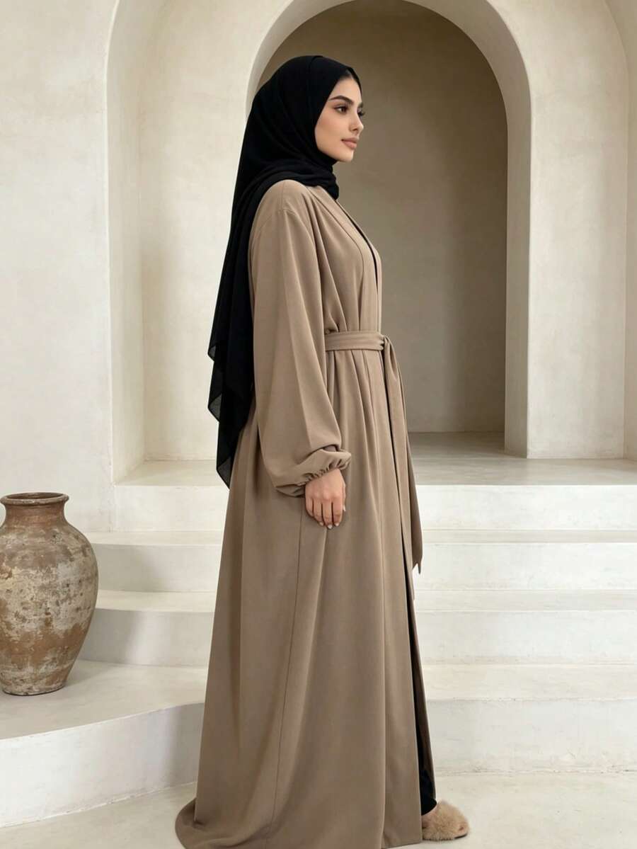 Open Front Abaya With Belt, Elastic Cuffs Modest Muslim Dress, Casual Dubai Style Islamic Clothing - Multicolor - View 1