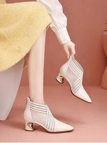 Gentle Intellectual Style Mesh Patchwork Pointed Toe Ankle Boots, Criss-Cross Lace-Up Hollow Design, Office Commute, Summer Date, Mature Style, Spring/Summer Breathable Mid-Heel Mesh Fashion Ankle Boots - White - View 3