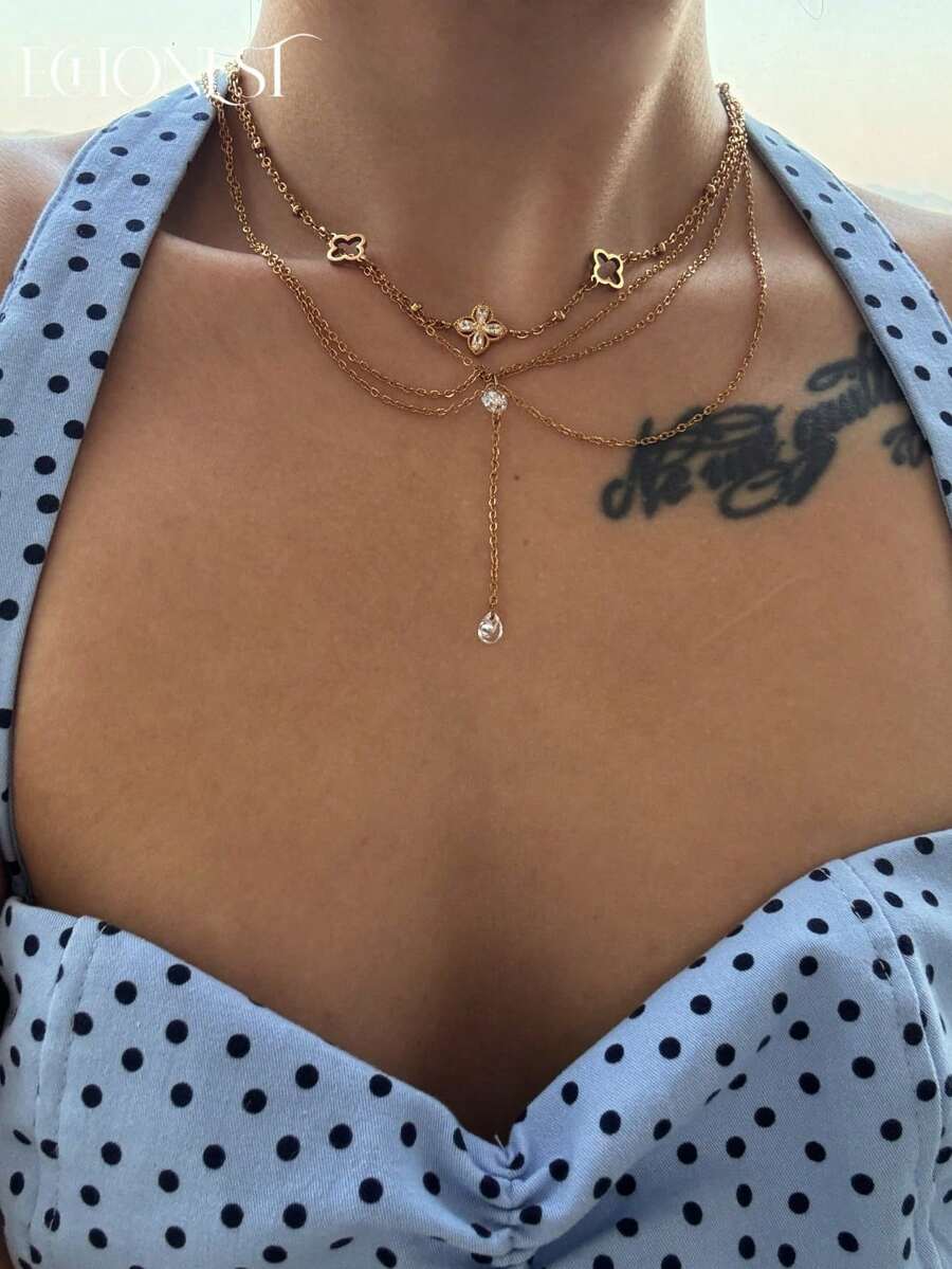 1pc Gold-Colored Four-Leaf Clover Zirconia High-Quality Multi-Layer Y-Shaped Necklace - Yellow Gold - View 1