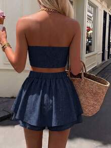 Set di top bandeau casual con bottoni e skort in tinta unita per vacanze, spiaggia, estate, elegante, abbigliamento da resort - Blu Navy - Visualizzare 2