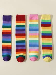 4 Pairs Girls Rainbow Colorful Striped Mid-Calf Sports Socks, Girls Fitness Spring Autumn All Season Versatile Football Tennis Running Sports Socks, No-Heel Design, Suitable For 6-10 Years Old Children - Multicolor - View 8