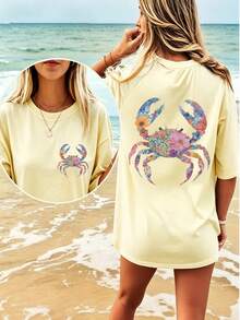 Women's Double-Sided Floral Crab Print Oversized 180G Casual Summer Tops, Vacation Outfits, Summer Outfits, Graphic Tees Women, Beach Crewneck T-Shirt - 淡黃色 - 查看 1