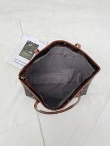 1pc Coffee Brown Summer New Metal Rivet Decor Large Capacity Monogram Colorblock PU Tote Bag Women's Shoulder Bag - Coffee Brown - View 5