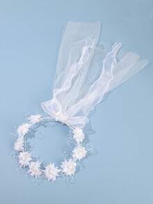 1Pc Bohemian Style Flower Pearl Veil, French Vintage Bridal Flower Crown, Wedding/Photoshoot/Vacation Head Accessory - Multicolor - View 2