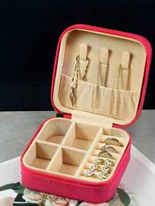 1pc Jewelry Box, Multiple Colors Available, Waterproof PU Exterior & Scratch-Resistant Velvet Interior. Mini Portable Travel Style & Cosmetic Storage Style Available. Can Store Rings, Earrings, Necklaces, Brooches; Perfect Gift For Birthday And Girlfriend. - Multicolor - View 3