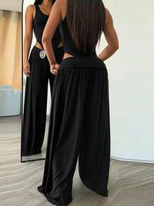 ChicMe Women 2 Pieces Outfits Sleeveless Slim Fit Bodysuit With Rhinestone High Waist Ruched Wide Leg Pants Set Tracksuit Clubwear - Black - View 2