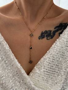 1pc Gold Stainless Steel Four-Leaf Clover Zirconia Pendant Multi-Layer Y-Shaped Necklace - Yellow Gold - View 2
