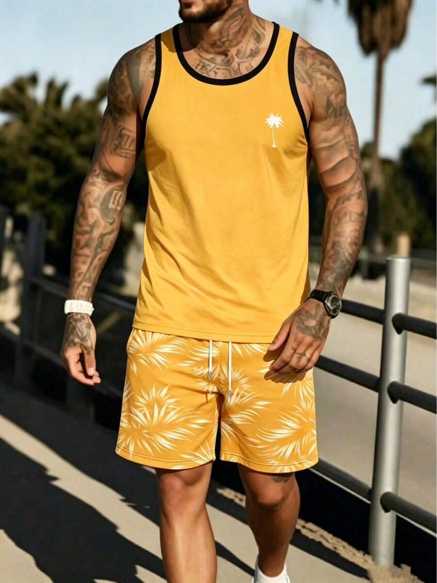 Men's Summer Beach Vacation Tropical Palm Tree Print Sleeveless Tank Top And Drawstring Waist Shorts Set - Ginger - View 1