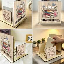1 Set Wooden Bookshelf With Coffee And Book Floral Print, Desktop Storage And Book Lover Gift, Natural Wood Aesthetic Bookend, Compact Home Book Storage, Floral Butterfly Book Organizer And Reader Gift - Multicolor - View 3
