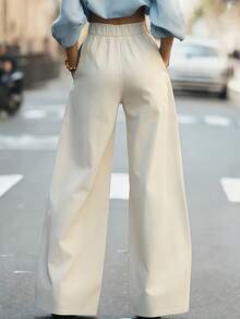 High Waist Wide Leg Pants With Button Closure, Loose Straight Cut, Full Length Trousers Suitable For Casual And Formal Occasions All Seasons - Apricot - View 2