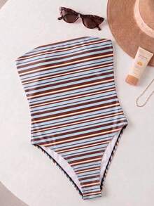 Damen gestreifter Patchwork Bandeau Badeanzug, geeignet für Strandurlaub, Pool-Party, Strandparty im Sommer - Verschiedenfarbig - Übersicht 3