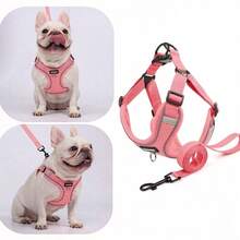 Lightweight Breathable New Pet Dog Leash Set, With Reflective Adjustable Harness And Dog Chest Strap, Suitable For French Bulldog Outdoor Walking, Leash And Collar Set, Soft Breathable Mesh Material, Suitable For Small/Medium Pets, All Season Use - Multicolor - View 1
