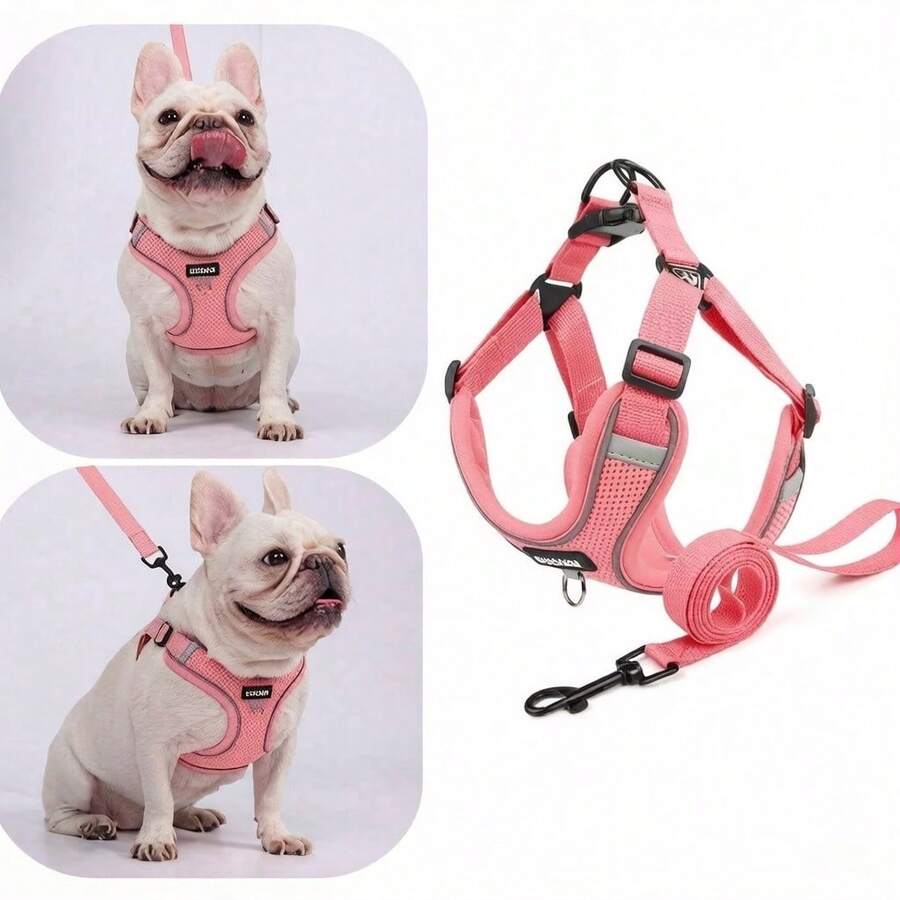 Lightweight Breathable New Pet Dog Leash Set, With Reflective Adjustable Harness And Dog Chest Strap, Suitable For French Bulldog Outdoor Walking, Leash And Collar Set, Soft Breathable Mesh Material, Suitable For Small/Medium Pets, All Season Use - Multicolor - View 1