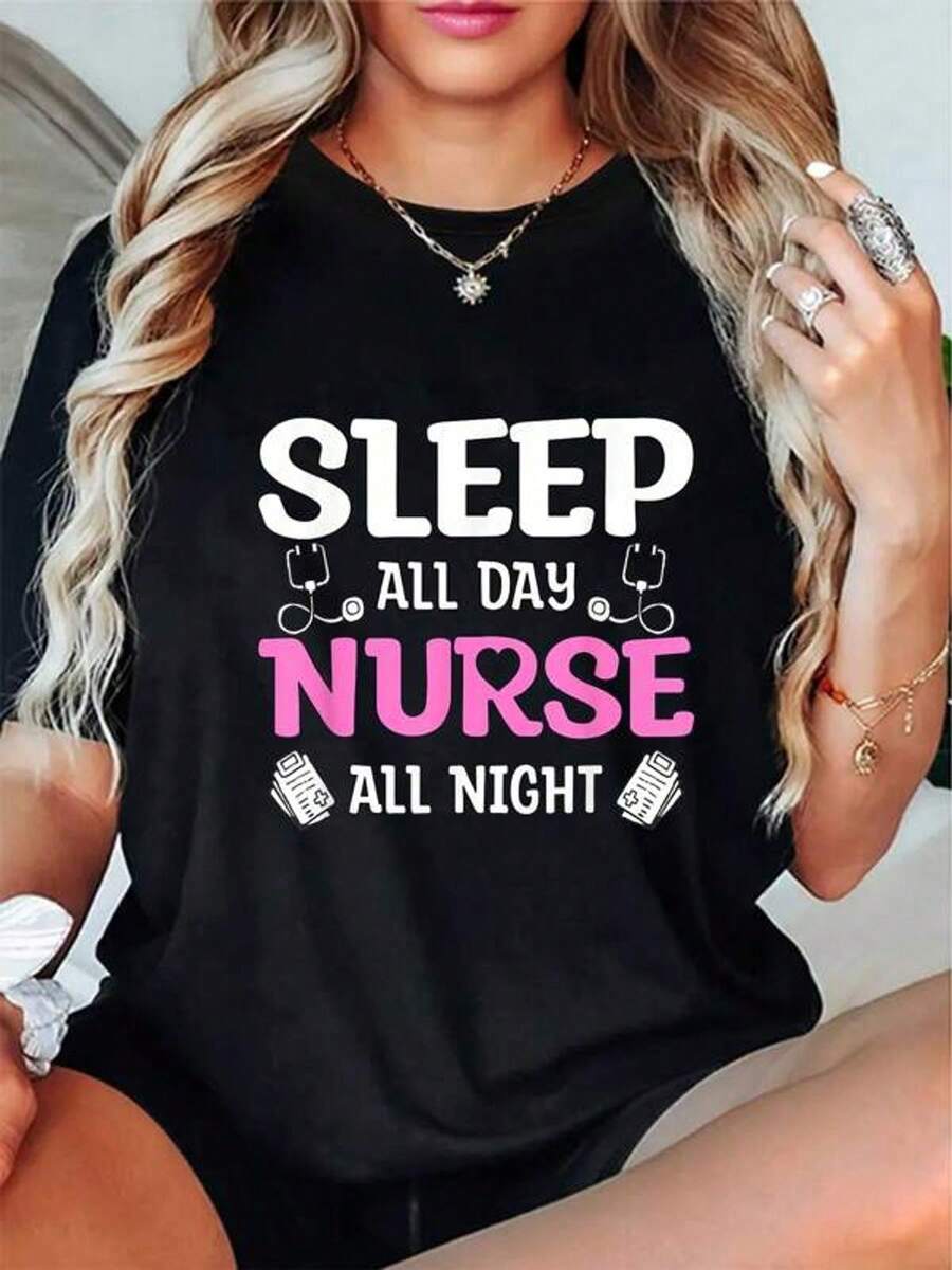 Sp All Day Nurse All Night, Night Shift Nurses Camiseta Cuello Redondo Mangas Cortas Camisetara Mujer para Hombre Gráfico Camiseta
