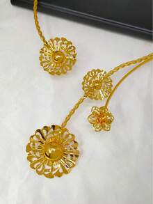 1 Necklace, 1 Bracelet, 1 Pair Of Earrings, 1 Ring, Fashion Women's Gold-Plated Vintage Hollow Floral Jewelry Set, 4pcs, Suitable For Saudi Arabia, Middle East, Dubai, Europe, America, Africa, Bride, Wedding, Banquet, Date, Dress Accessories, Mother's Day, Valentine's Day, Birthday, Wedding Season, Daily Wear, Gift For Mom, Sister, Girlfriend - Yellow Gold - View 3