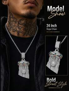 Bling Colorful Four-Leaf Clover Jesus Head Copper Zirconia Pendant Necklace, European And American Rapper Same Style Twisted Chain Necklace, Personalized Accessory For Men - Four-leaf Clover Jesus Pendant Necklace - View 2