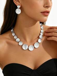 2pcs/Set Summer Beach Vacation Style Geometric Asymmetrical Circle Mesh Texture Embossed Metallic Finish Patchwork Halter Neck Necklace & Earrings Set, Elegant Elegant Metal Style Jewelry Set For Women - Silver - View 4