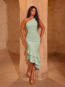 ADYCE Elegant One-Shoulder High-Waist Pleated Asymmetric Flared Hem Open Back Midi Party Evening Dress Suitable For Prom, Date, Homecoming, Wedding - Mint Green - View 7