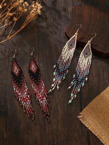SOUL BEADING أقراط بوهيمية مصنوعة يدويًا بشرابات طويلة متدرجة الألوان، وردي وبني، متعددة الاستخدامات للتنقل اليومي والعطلات، أقراط متدلية جذابة - احمر خشبي - مشاهدة 3