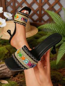 1 Par de Sandálias Slide Femininas Pretas Estilo Boêmio com Bordado Colorido, Tecido Trançado e Contas, Salto Kitten, Slip-On, Estilo Casual de Verão para Férias - Multicolorido - Visão 2