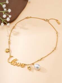 1pc French Style Gold Love Letter Pearl Necklace, Ocean Style Seashell Pendant Thin Choker Chain, Luxury Niche Versatile Women's Daily Commute Jewelry, Valentine's Day Gift Accessory - Multicolor - View 5