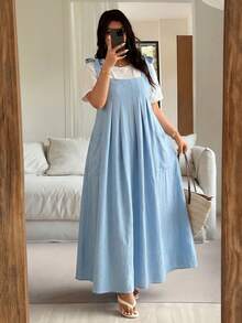 Vestido midi de verano elegante con estampado floral, de talla grande, con doble bolsillo y tirantes para mujer - Azul cielo - Ver 1
