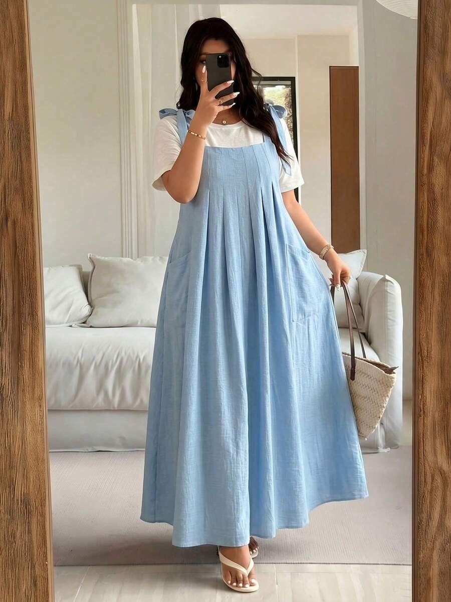 Vestido midi de verano elegante con estampado floral, de talla grande, con doble bolsillo y tirantes para mujer - Azul cielo - Ver 1