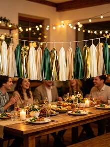 1pc Sage Green & Gold Tassel Garland Tulle Tassel Banner Set, Teal Tassel Garland, Teal & Gold Birthday Party Decor, Suitable For Wedding And Party Birthday Supplies - K - View 5