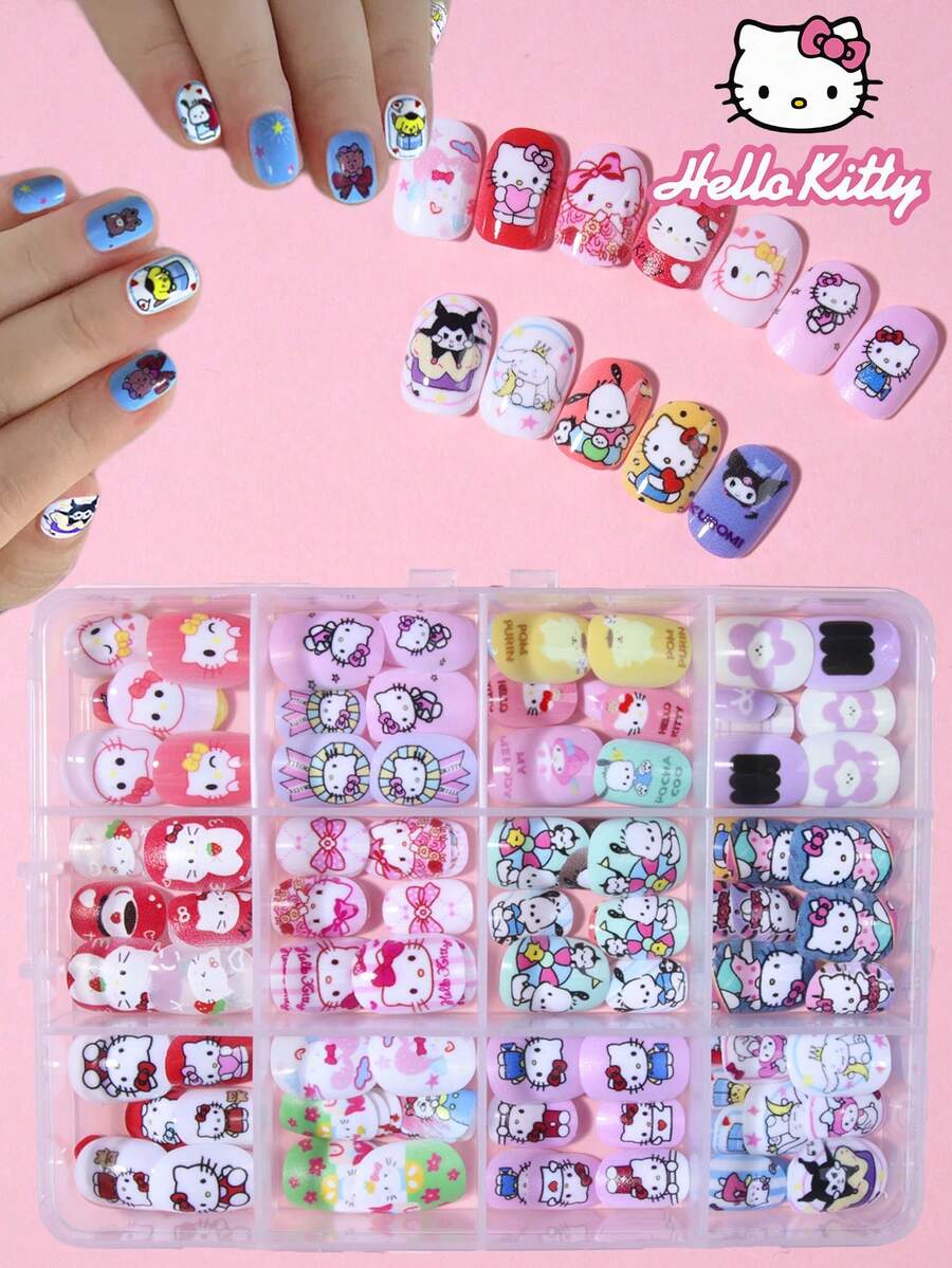 SANRIO 三麗鷗 Hello Kitty 288片/組 (12款混搭) 短方型法式穿戴甲,可愛3D Hello Kitty、酷洛米、大耳狗和布丁狗設計,完美貼合壓克力假指甲組,適合女孩日常與派對美甲 - 彩色 - 查看 1