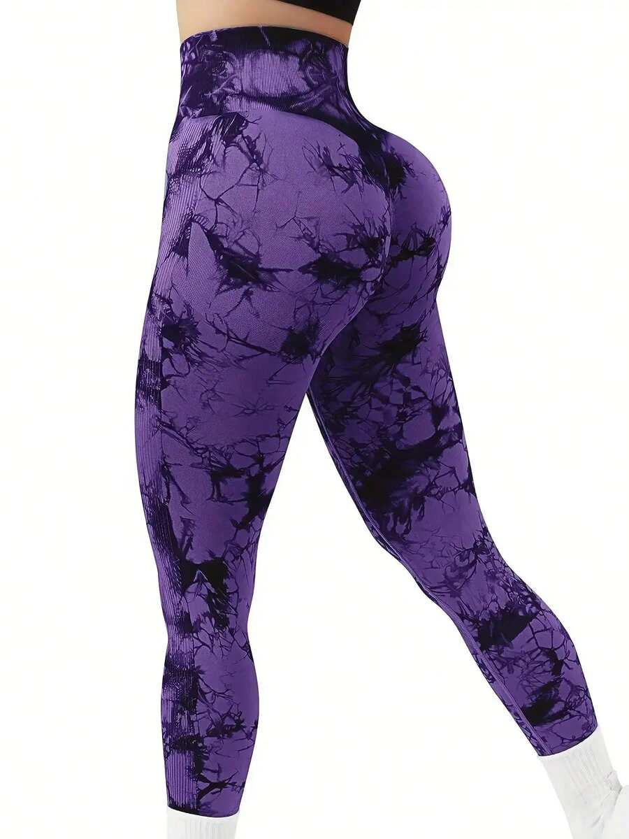 Women's High Waist Peach Butt Seamless Tie-Dye Stretch Fitness Yoga Pants - 紫黑色 - 查看 1