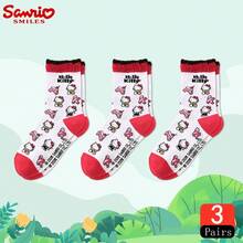 SANRIO 1雙/3雙 女款正版授權 Hello Kitty 紅白對比荷葉邊中筒襪，滿版提花，不易開裂，復古學院風，青春風格中筒襪，適合四季穿著，最佳好友生日禮物、節日週年禮物、聖誕節、新年假期、派對伴手禮 - 白色 - 查看 10