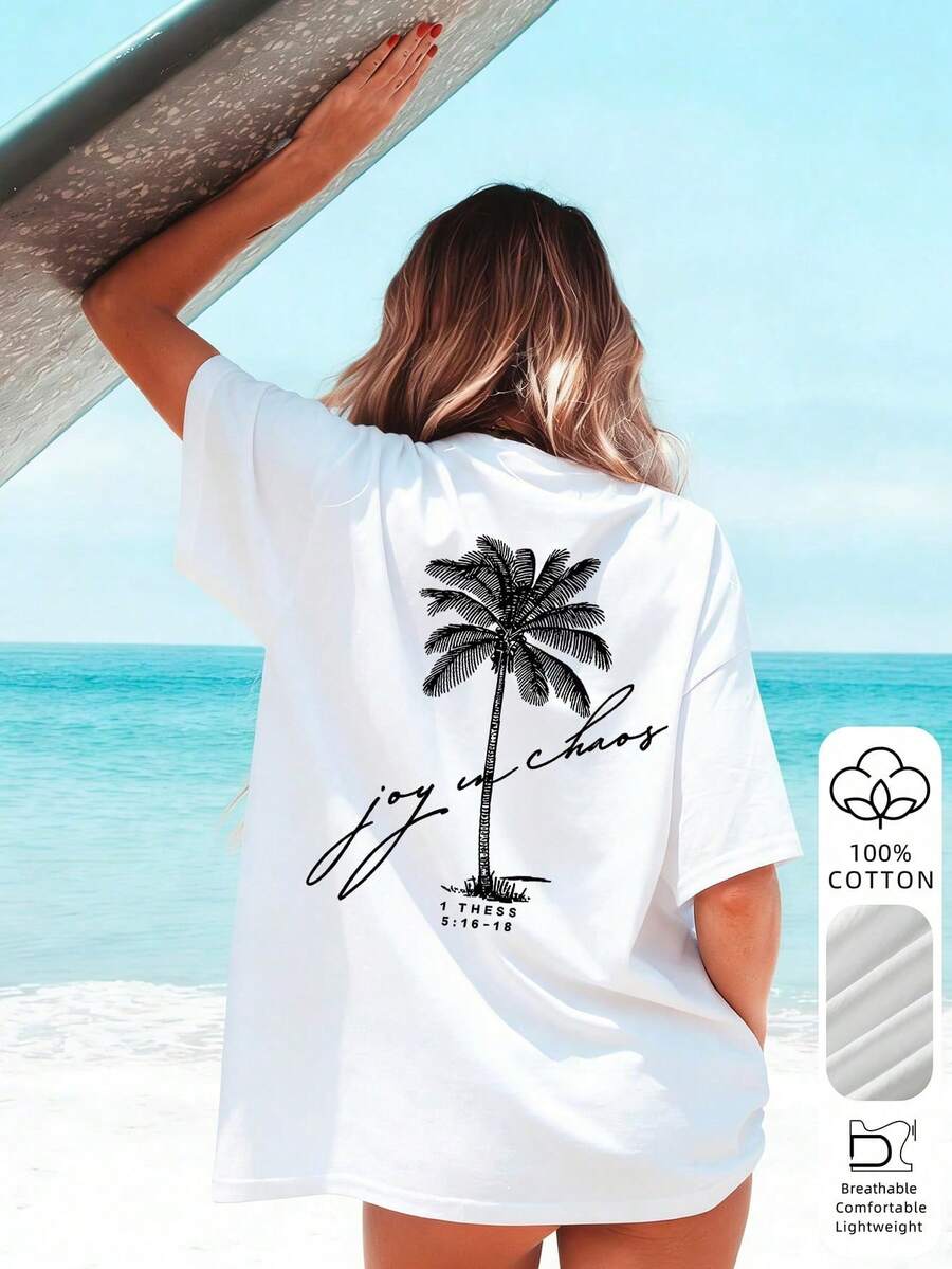 Camiseta holgada de mujer con estampado vintage de puesta de sol de California,transpirable de cuello redondo y manga corta, estilo callejero de playa de los 90, adecuada para días de playa - Blanco - Ver 1