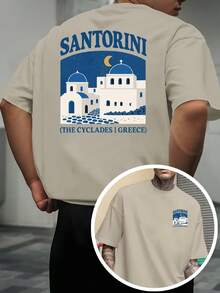 Camiseta estampada con temática del paisaje griego de Santorini, diseño de doble cara en la parte delantera y trasera, camiseta de manga corta para hombre, adecuada para el uso diario casual - Negro - Ver 9