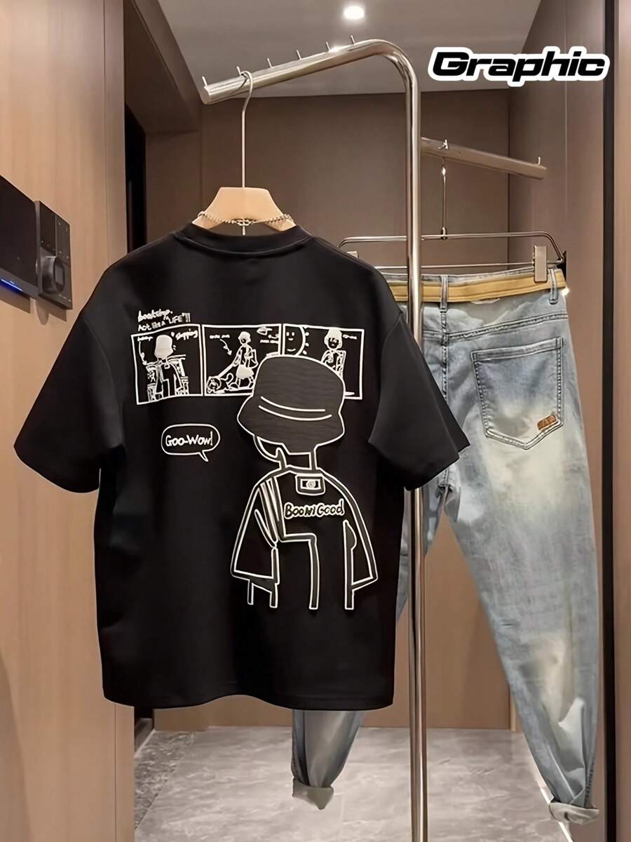 Camiseta de manga corta casual y cómoda para hombre 100 % algodón puro, camiseta gráfica estampada de verano estilo urbano de marca Ins-Style, camiseta para parejas, sudadera absorbente del - Negro - Ver 1