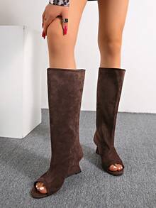 Women's Over-The-Knee Long Boots, Autumn/Winter New Style, Slimming High Heel, Chunky Heel, Wedge Heel, Fold-Down Shaft Boots - Brown - View 7