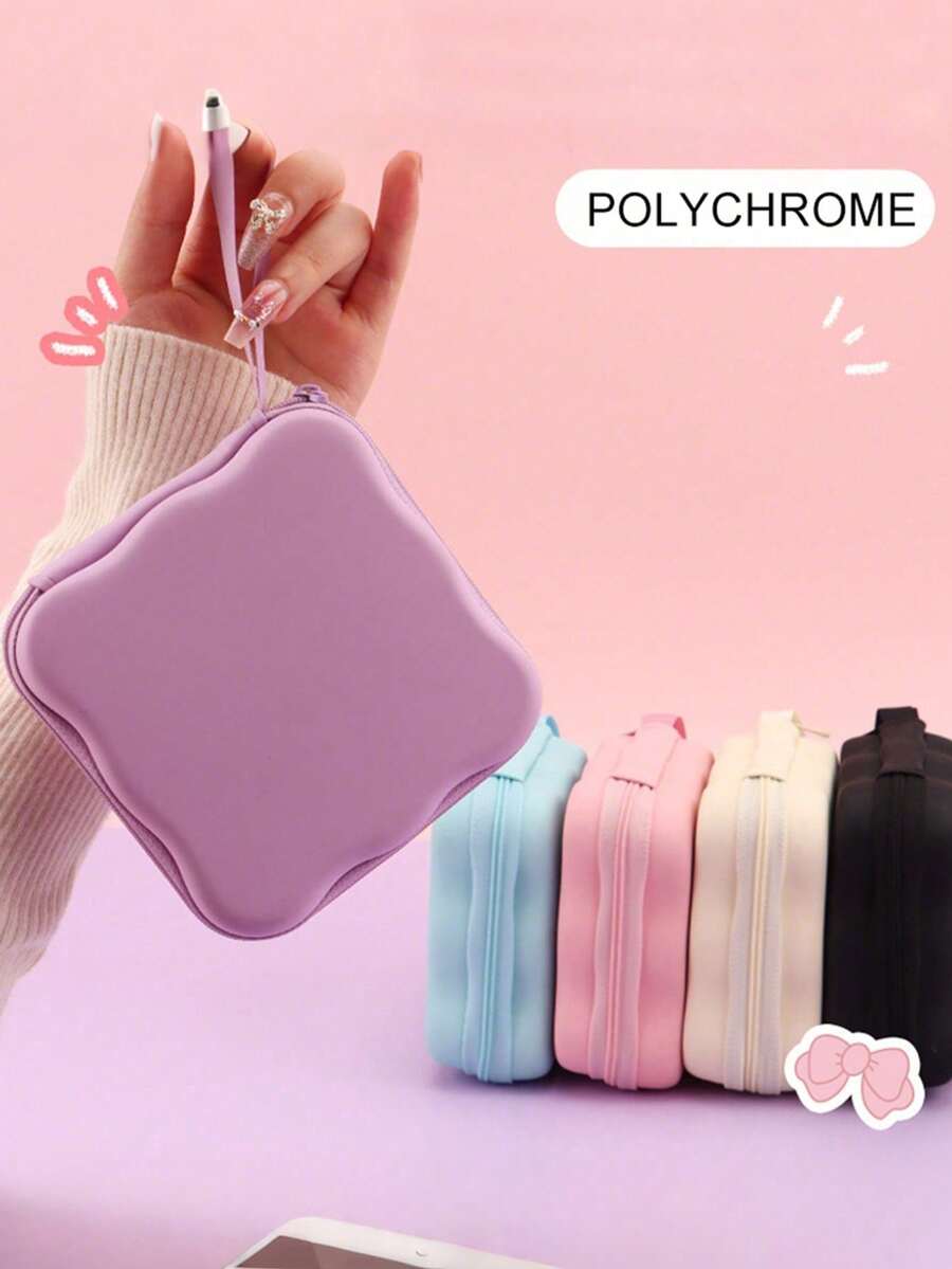 1pc Cute Pastel Data Cable Storage Bag, Portable Mini Zipper Organizer Pouch With Wrist Strap, Multi-Purpose Travel Storage Case For Cables & Accessories - Multicolor - View 1