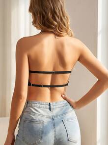 1pc Women's Casual Minimalist Solid Color Deep V-Neck Spaghetti Strap Backless Bra, Comfortable & Suitable For Wedding Dress - Black - View 8