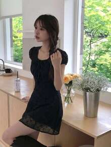 YCYC 韓式蝴蝶結裝飾女款百搭寬鬆後拉鍊短袖短洋裝 - 黑色 - 查看 4