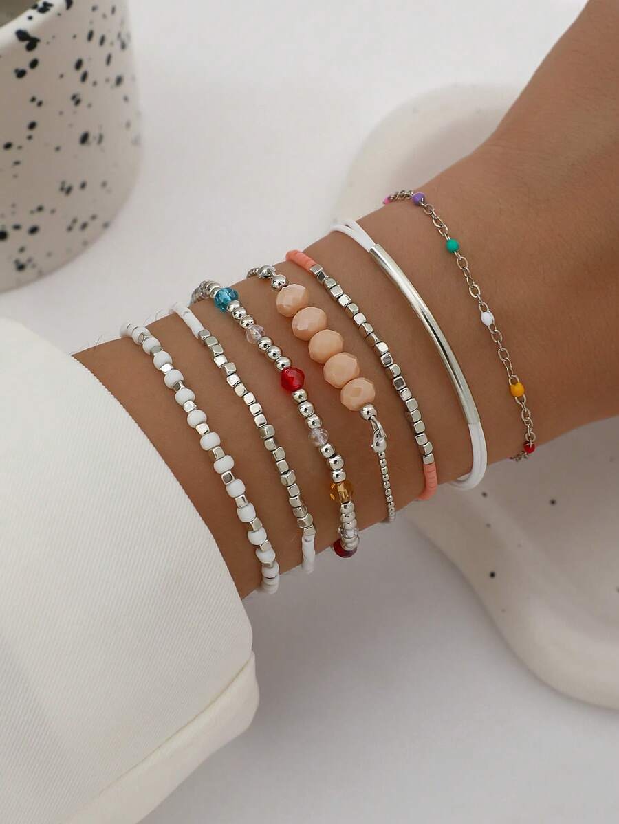 7PCS CCB Rice Bead Bracelet, Simple Fashion Personalized Beach Style Colorful Drip Oil Chain CCB Jewelry For Women (Mixed Rice Beads, Non-Positioned) - Silver - View 1