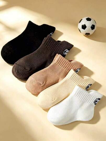 5 Pairs Spring/Summer Children's Socks, Upright Ear Heel Protection, Football Pattern Decoration, Simple Fashionable Short Socks, Skin-Friendly Soft Comfortable Sweat-Absorbent Breathable Casual Versatile Sports Socks, Suitable For Daily Wear/Holiday Gifts/Sports Outfits/Back To School Outfits
