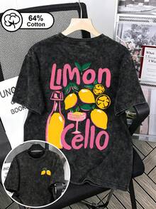 大尺碼復古水洗女款夏季上衣，檸檬酒雙面印花T恤，休閒女裝日常穿搭黑色 - 黑色 - 查看 4