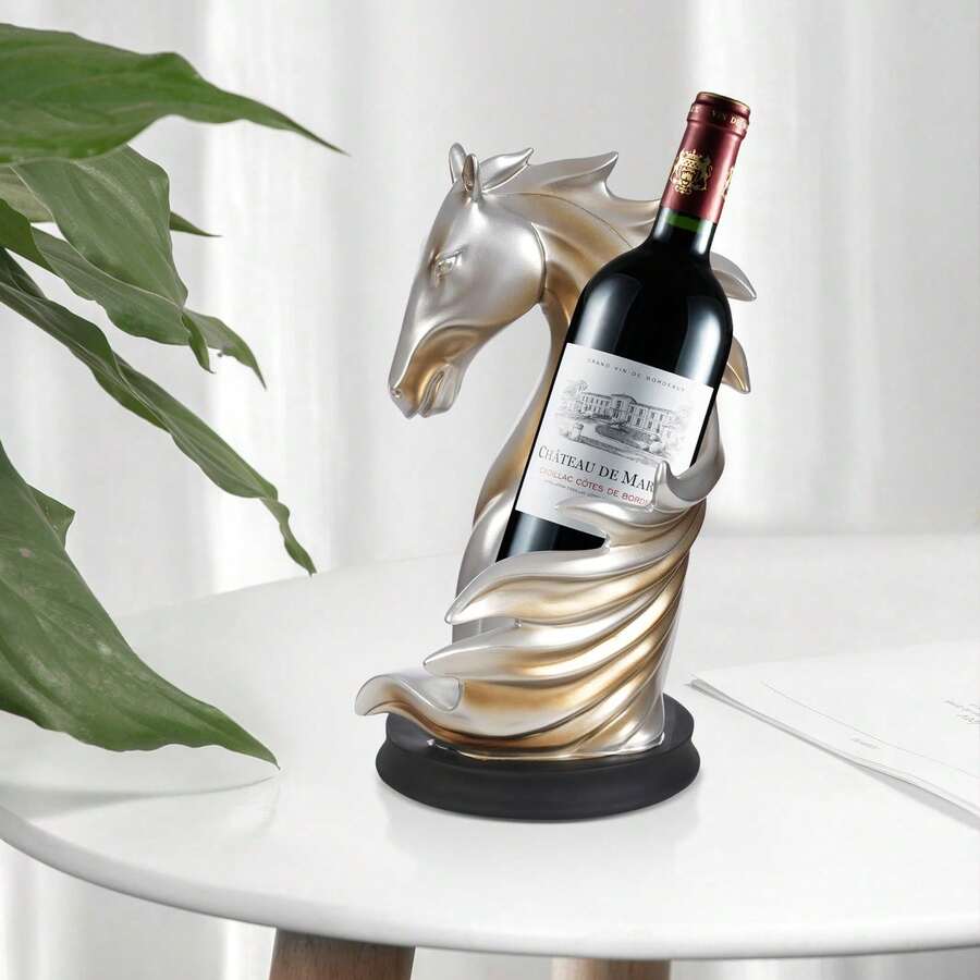 HaroldDol Set of Freistehend Kunstharz Weinflaschenhalter, Pferd Statue Weinregal, Weinlagerungsregal zur Aufbewahrung von Weinkisten, Weingläsern und Dekorationen - Silber+Gold - Übersicht 1