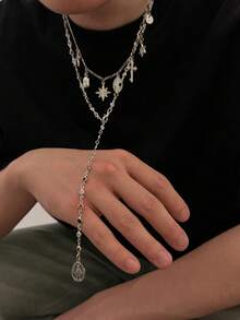 2pcs/Set Men's Double Layer Y-Shaped Necklace Set, Silver Tone Colorful Rhinestone Cross And Virgin Mary Pendant Necklace, Gothic Street Style Jewelry - White K - View 10