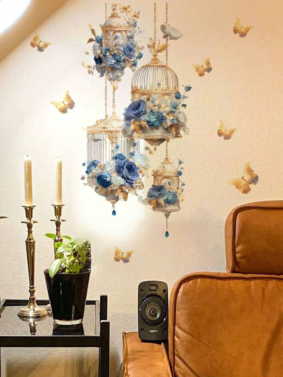 1pc Golden Birdcage, Klein Blue Rose, Floral & Butterfly Wall Decor Sticker, Removable Wall Decal For Bedroom, Living Room And Room Decoration - 1PC - View 1