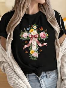 Camiseta de manga corta con estampado gráfico de moda para mujer. Camisetas para mujer y hombre con cuello redondo y mangas cortas. Camiseta religiosa de Pascua con diseño floral de cruz y m - Negro - Ver 1