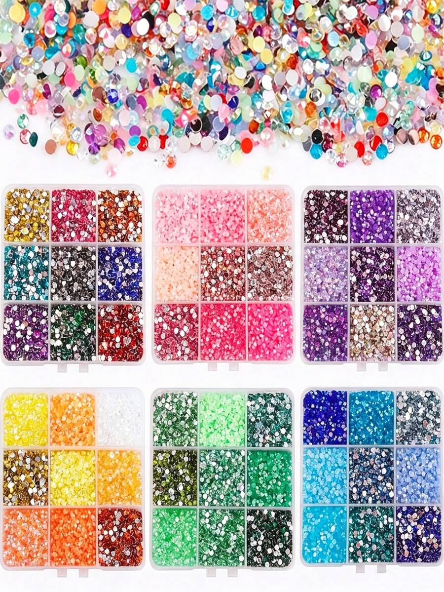 9 Grid Mixed Color Set, 3mm Resin Jelly Rhinestones, Sparkling Non Hot Stamping Flat Bottomed Gemstones, Suitable For DIY Crafts, Glow Sticks, Clothing, Glassware, And Decoration | Multi Purpose Craft Beads, Craft Rhinestones - Multicolor - View 1