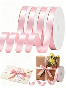 Pink Satin Ribbon, Rolled Pink Ribbon - Perfect For Holiday Parties, Birthday Parties, Gift Wrapping, Bouquets, Crafts, Wedding Decor, Christmas And Sewing Projects - Pink - View 2