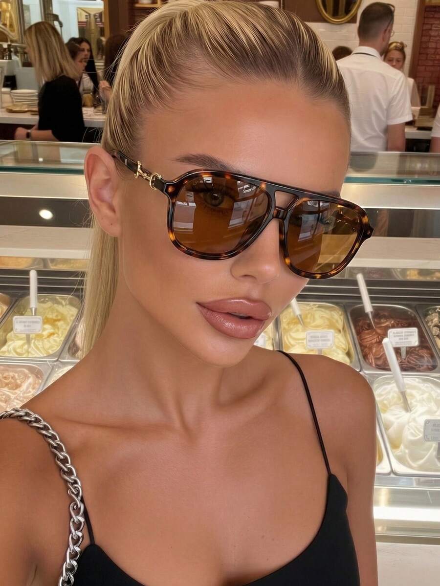 1 pieza Gafas de aviador de moda multicolor talla grande para mujer, elegantes retro, estilo callejero Y2K, gafas decorativas personalizadas para chica hot, adecuadas para fotografía callejera, playa, , viajes, pasarela, fiesta, conducir, compras, citas - Marco con estampado de leopardo y hojas de té - Ver 1