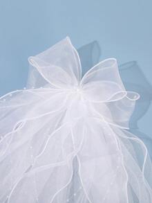 1 pièce Voile de mariée blanc à bord ondulé avec grand nœud, voile de mariée en tulle multicouche avec détails perlés, voile court élégant, convient pour la mariée, la photographie de mariage - Blanc - Voir 4