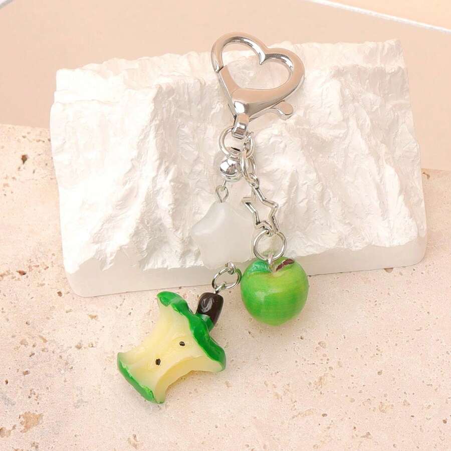 1個女款新款趣味綠蘋果鑰匙圈,可愛個性化水果手機吊飾包包掛飾 - 彩色 - 查看 1